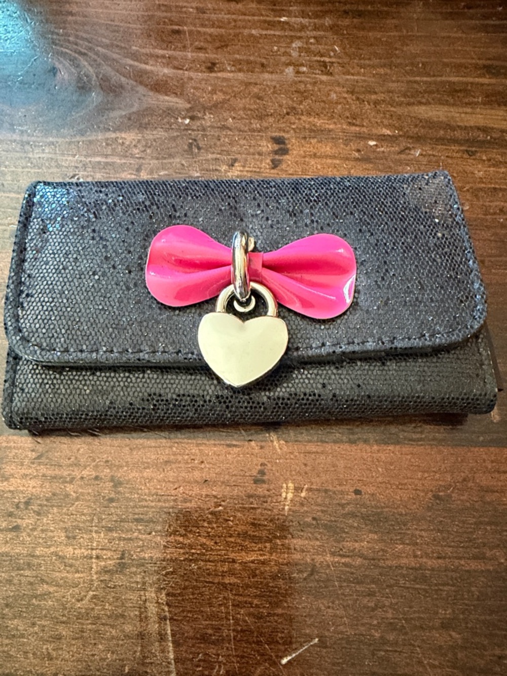 Claire's Black Card & Key Holder with Pink Bow and Silver Heart Charm